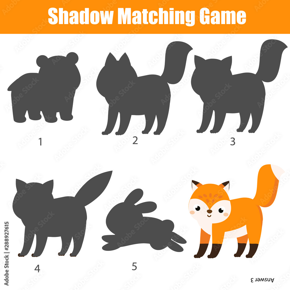 Shadow matching game. Kids activity with cartoon fox.