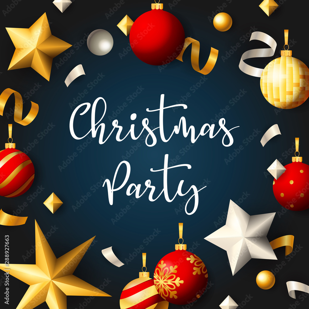 Christmas party banner with balls and ribbons on blue background. Lettering can be used for invitations, post cards, announcements
