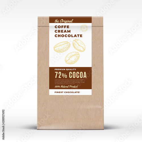 The Original Coffee Cream Chocolate. Craft Paper Bag Product Label. Abstract Vector Packaging Design Layout with Realistic Shadows. Modern Typography and Hand Drawn Coffee Beans Silhouette.