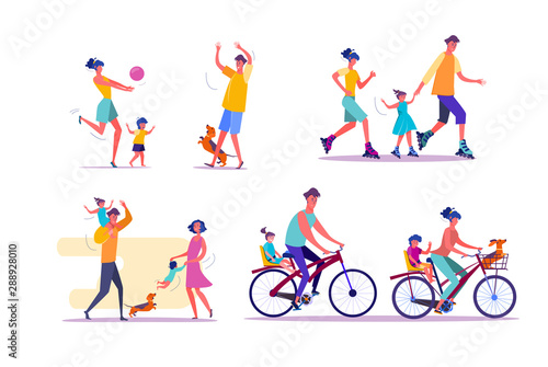 Family outdoor activities set. Parents and children cycling  playing ball  roller skating. People concept. Vector illustration for topics like leisure  movement  active lifestyle