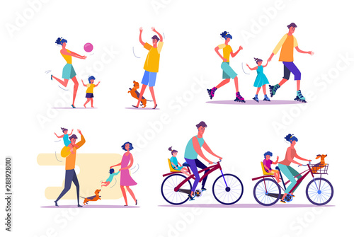Family outdoor activities set. Parents and children cycling, playing ball, roller skating. People concept. Vector illustration for topics like leisure, movement, active lifestyle