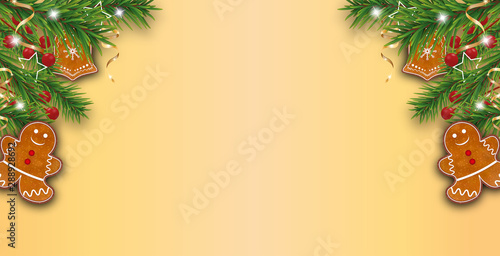 Yellow Golden Xmas background decorated Christmas tree branches with gingerbread cookies, holly berries and golden ribbons. Holidays decoration. Vector