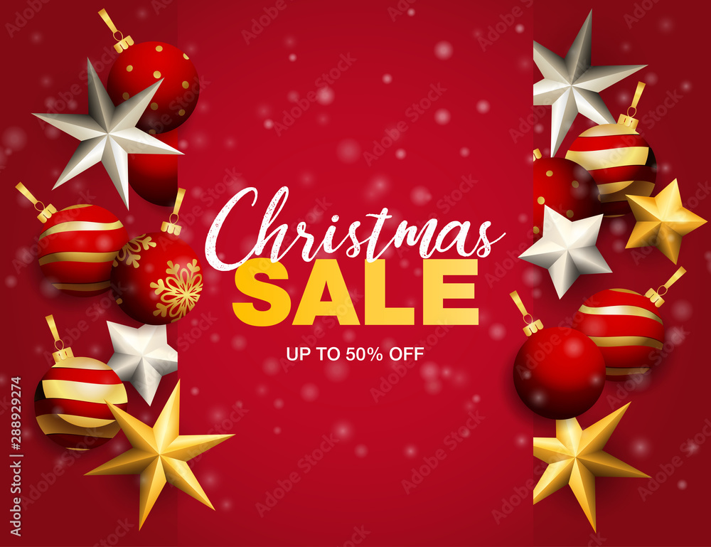 Christmas sale banner with balls and stars on red ground. Lettering can be used for invitations, post cards, announcements
