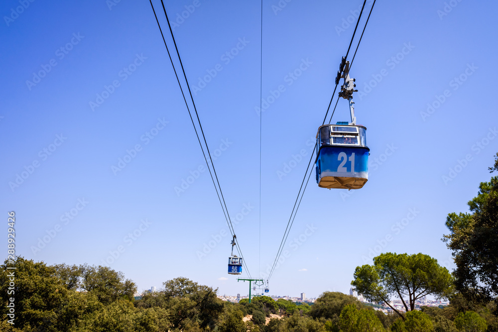 Madrid, Spain - August 25, 2019: Cabins of the cable car that connects Madrid with the Casa de Campo.
