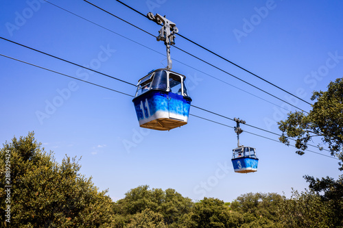 Madrid, Spain - August 25, 2019: Cabins of the cable car that connects Madrid with the Casa de Campo.