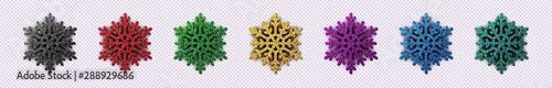 Snowflakes isolated on transparent background. Vector Christmas decoration. Glitter snow flake set. Gold, red, green, purple, black blue colors decor for New Year and Christmas.