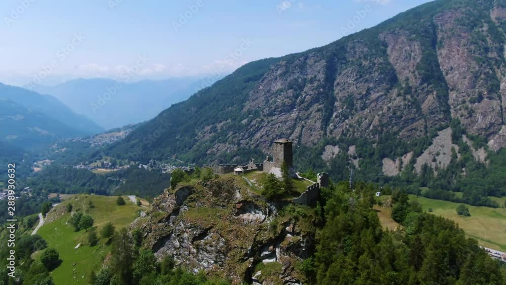 Aerial orbiting view of the castle of Graines, in Aosta valley, Italian Alps Aerial orbiting view of the castle of Graines, in Aosta valley, Italian Alps