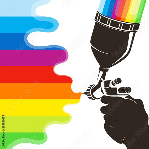 Spray gun for painting in hand and waves of colored paint
