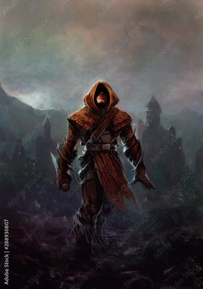 Fantasy ranger - man in a hood with a knife in his hand, a fortress with a  tower in the background (digital painting) Illustration Stock | Adobe Stock