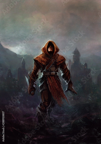Fantasy ranger - man in a hood with a knife in his hand, a fortress with a tower in the background (digital painting)