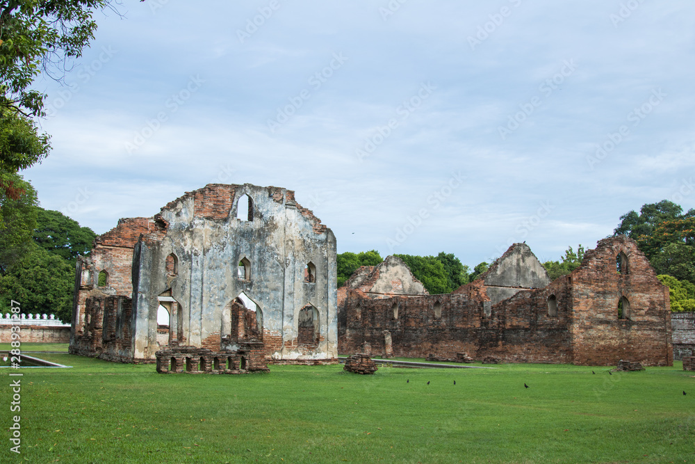 Beautiful scenery of Ruins of archaeological site blue sky background with copy space
