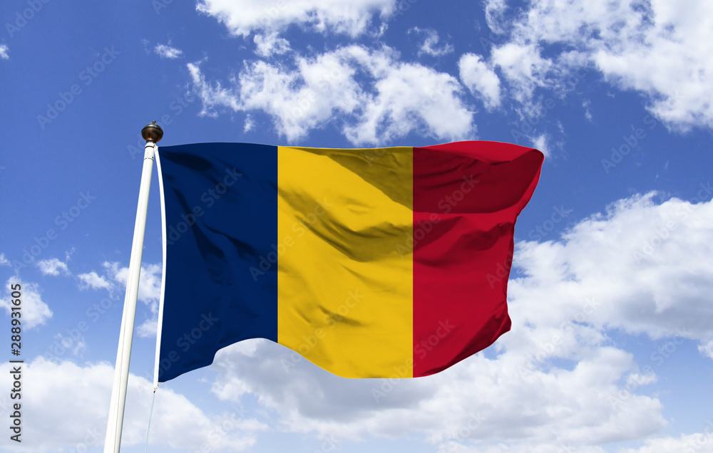 Chad flag mockup fluttering under blue sky. Pan African Colors, a landlocked country in northern central Africa. Capital and most populous city: Djamena. One of the poorest countries. Chad flag mockup fluttering under blue sky. Pan African Colors, a landlocked country in northern central Africa. Capital and most populous city: Djamena. One of the poorest countries.