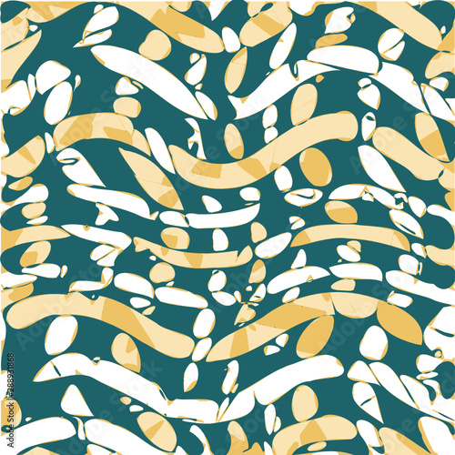 Seamless vector abstract art pattern. Background of colorful oval or circle shapes and lines design. Deep cyan, white and yellow colors. For deign, fabric, textile, cover, web, wrapping etc.