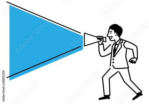 Young man with megaphone on white background. Vector illustration.