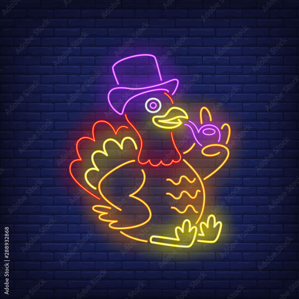 Turkey holding smoking pipe and wearing hat neon sign. Thanksgiving Day
