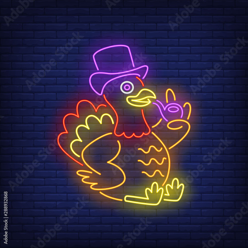 Turkey holding smoking pipe and wearing hat neon sign. Thanksgiving Day, animal design. Night bright neon sign, colorful billboard, light banner. Vector illustration in neon style.