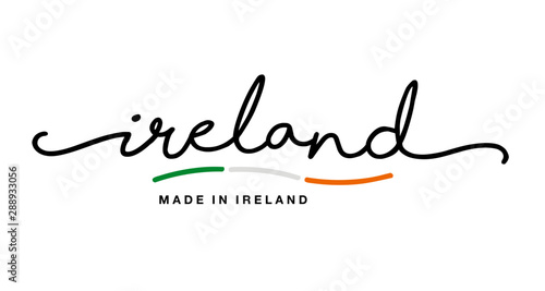 Made in Ireland handwritten calligraphic lettering logo sticker green white orange flag ribbon banner line design