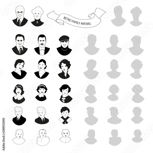 Retro family avatars. Grandparents, parents, boys, girls and young children. Avatars and silhouettes isolated on white background.