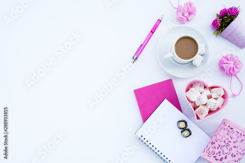 Flat lay girly, pale pink items for planning, notepads, pens, office work or working at home on her laptop, on the pale white background, with place for labels. Concept Desk.