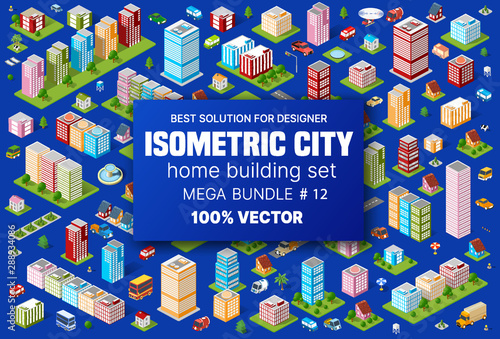 Isometric set building houses icons of blocks module