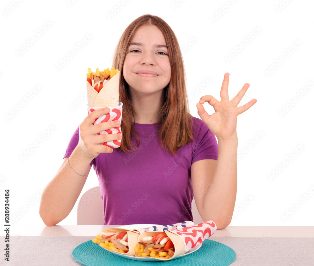 happy teenage girl with gyros pita fast food and ok hand sign