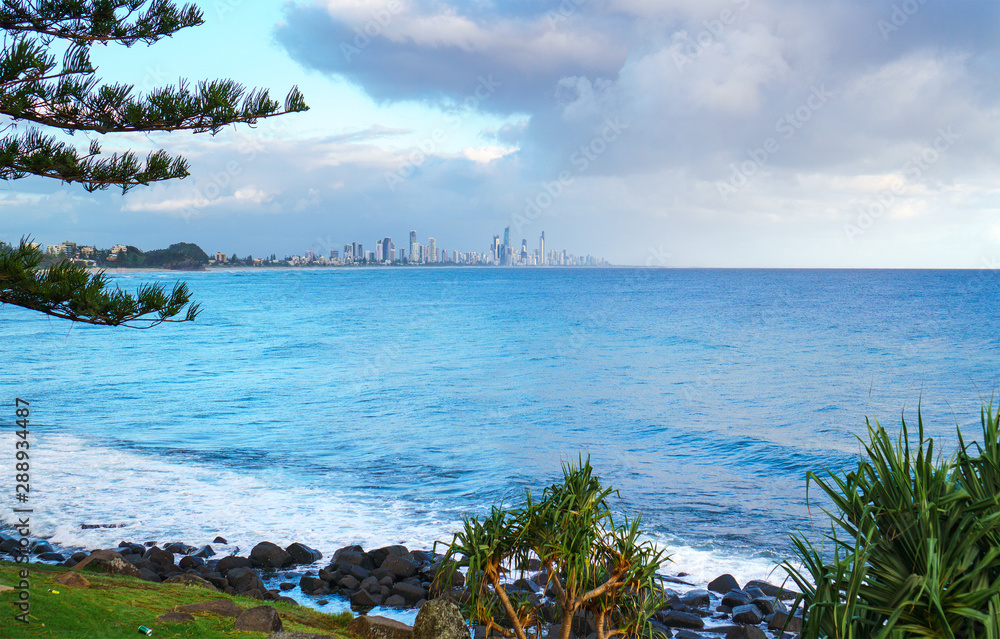 Stunning view of the Gold Coast skyline and surfing beach, visible from the park at Burleigh Heads, Queensland, Australia. 