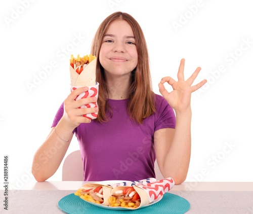 happy teenage girl with gyros pita fast food and ok hand sign