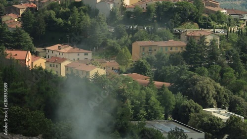 Volcanic fumaroles in the geothermal field in the town of Monterotondo M. Geothermal energy in Tuscany on the metalliferous hills near Larderello.