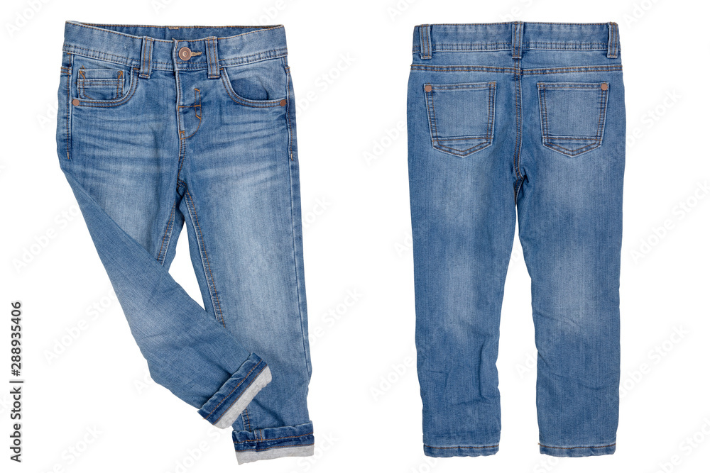 Jeans isolated. Trendy stylish blue denim pant or trousers for child boy  with cozy warm lined. Isolated on a white background. Thermojeans autumn  and winter fashion. Front and back view. Stock Photo