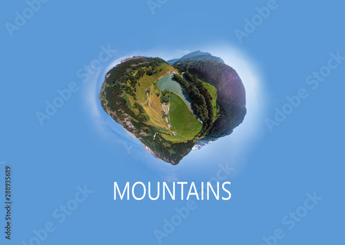 Illustration of a mountain in the form of a heart, a concept of love for active sport, adventure and mountain climbing. walks at the Alpine lake. HIking and travel concept, nature lovers photo