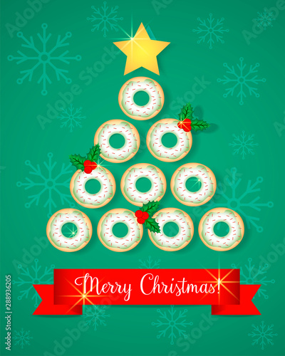Donuts Christmas tree on green background.