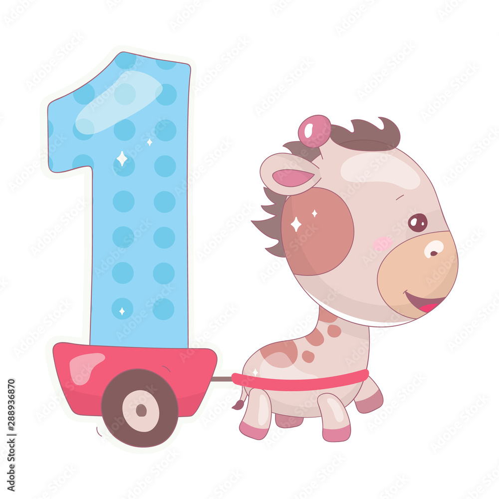 Cute one number with baby giraffe cartoon illustration. School math funny  font symbol and kawaii animal character. Kids scrapbook sticker Children  1st years old birthday and anniversary number clipart Stock Vector |
