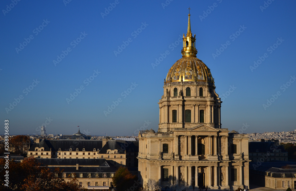 Paris, France - November 17th 2018 : View of the famous church of the Invalides, with her golden dome.