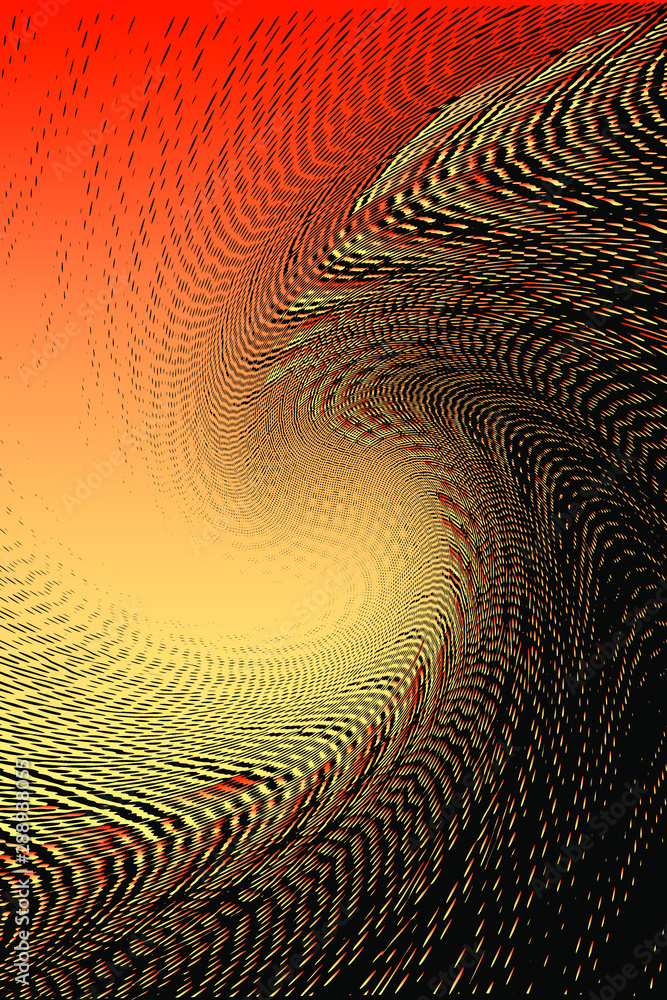 Abstract Halftone Pattern with Wave. Red and Yellow Spiral Background. 3D Illustration