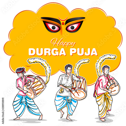 illustration of Dhaki playing dhak drum in Happy Durga Puja Subh Navratri Indian religious header banner background photo