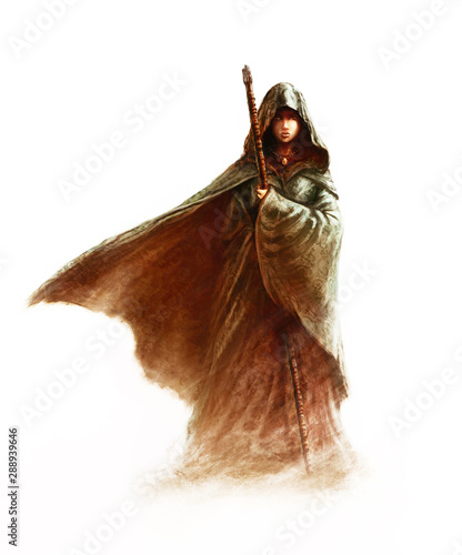 Fantasy young witch - beautiful woman with cloak and hood holding a magic staff, on white background (painting)