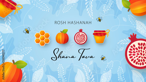 Jewish New Year, Rosh Hashanah Greeting card. Vector illustration with Apple, pomegranate, Honey gold cell, jar of honey and Honey Bee in paper cut style. Holiday banner. Light blue background.