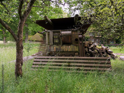 Alter Schuppen aus Holz in hohem grünen Gras einer Weid im Sommer an einem Bauernhof in Lipperreihe bei Oerlinghausen und Bielefeld am Hermannsweg im Teutoburger Wald in Ostwestfalen-Lippe photo