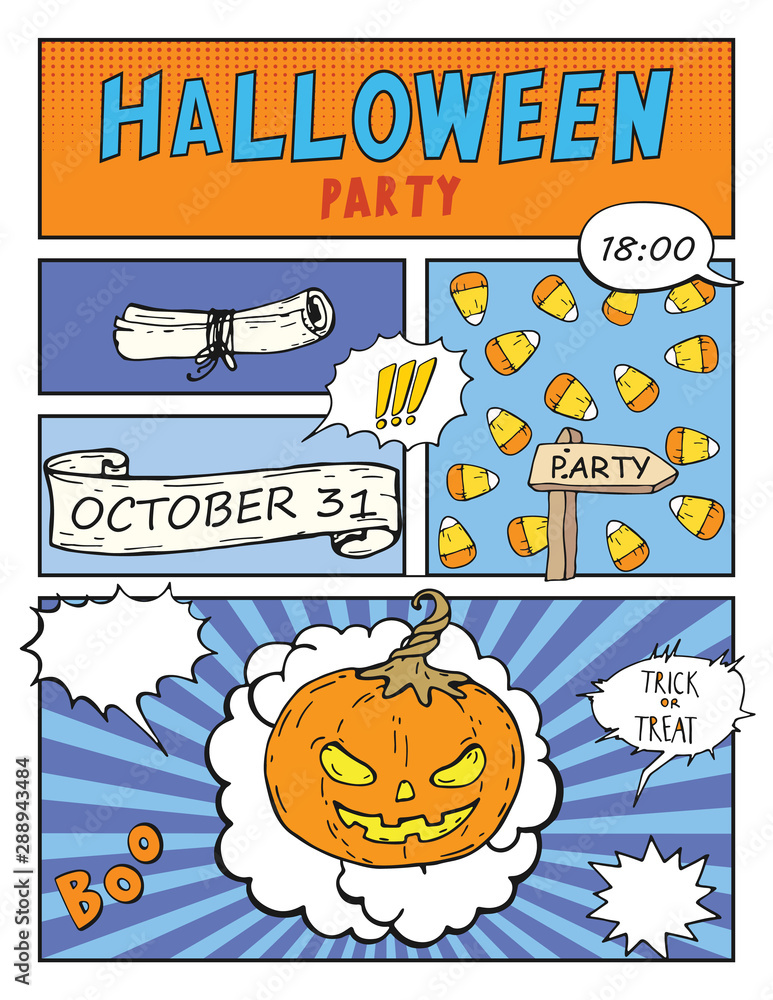 Fototapeta premium Halloween party invitation, mock up comic book with pumpkin