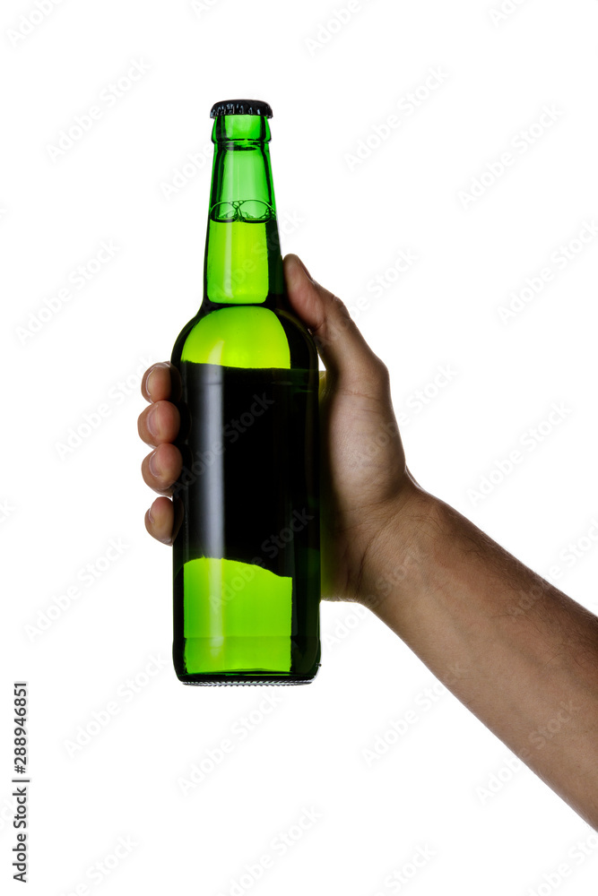 male hand holding green beer bottle without label isolated on white background male hand holding green beer bottle without label isolated on white background