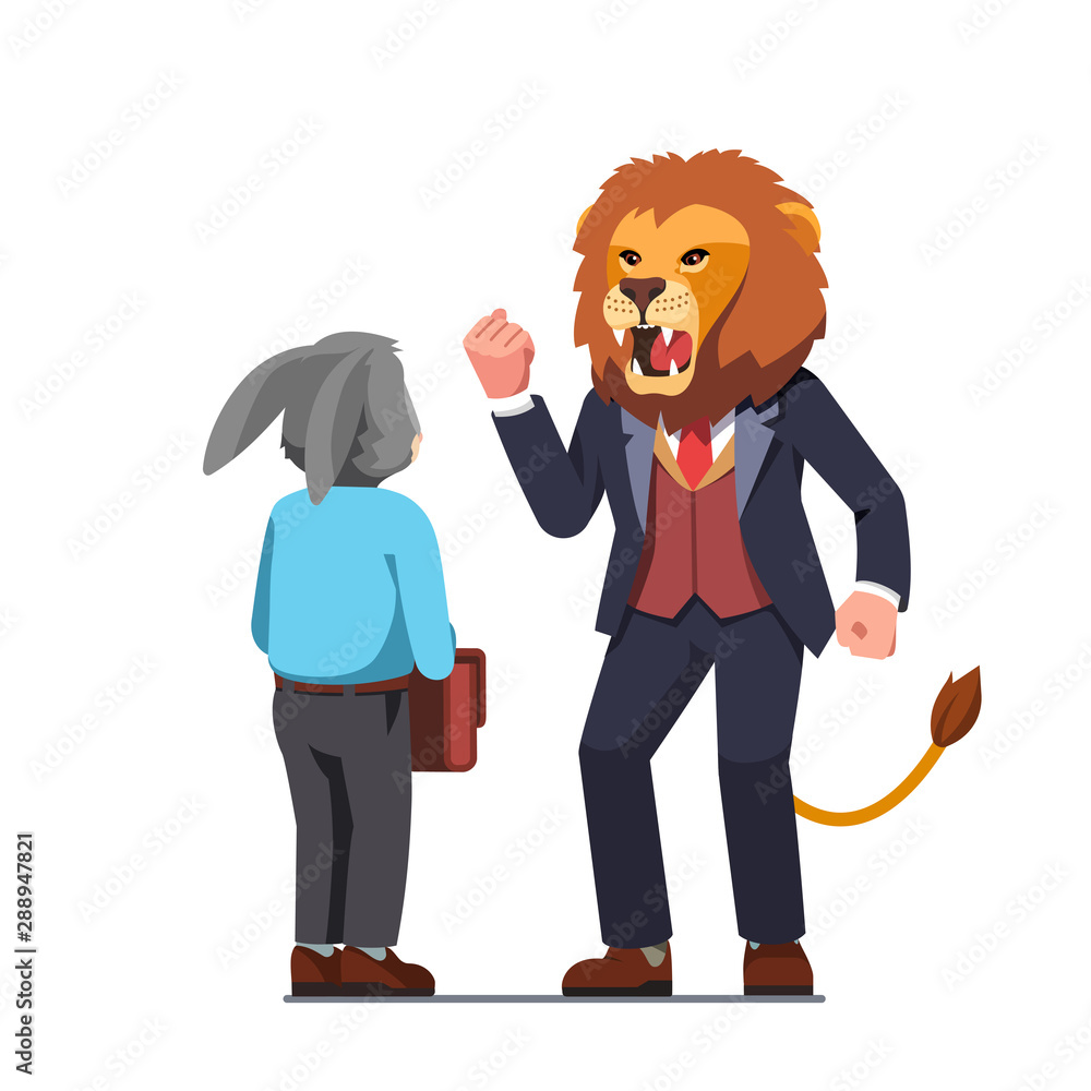 Lion business man screaming on rabbit employee Lion business man screaming on rabbit employee