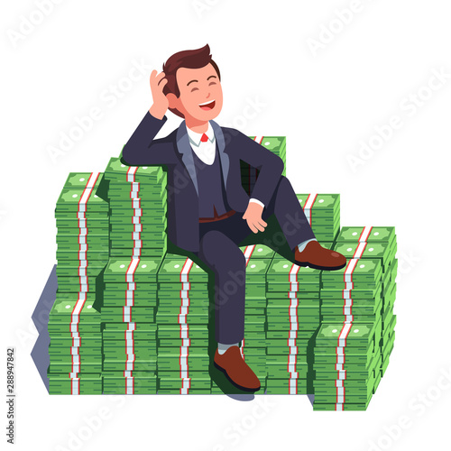 Business man sitting on big heap of stacked money