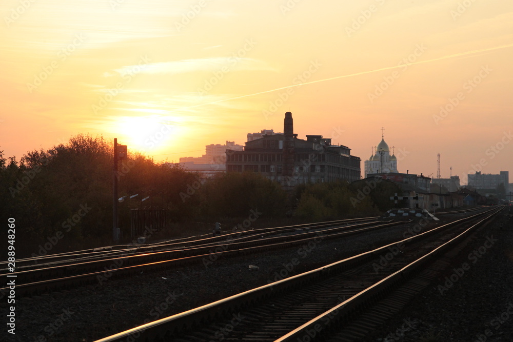 View on Ivanovo  station from rail way in sunset