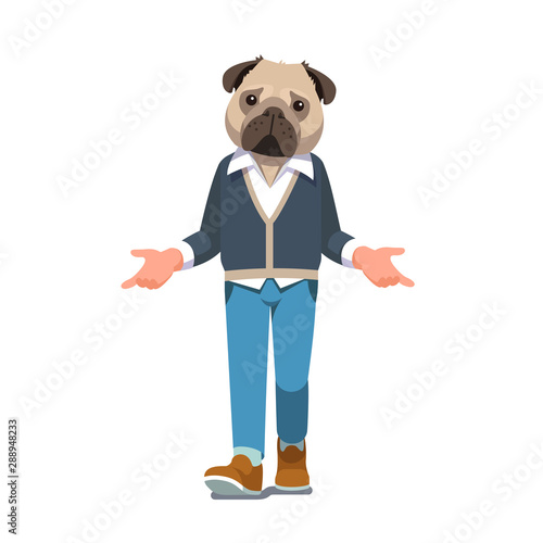 Man with pug dog head walking forward