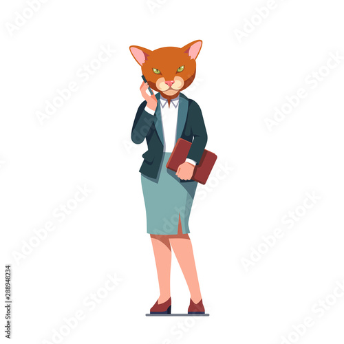 Business woman with cat head talking on phone