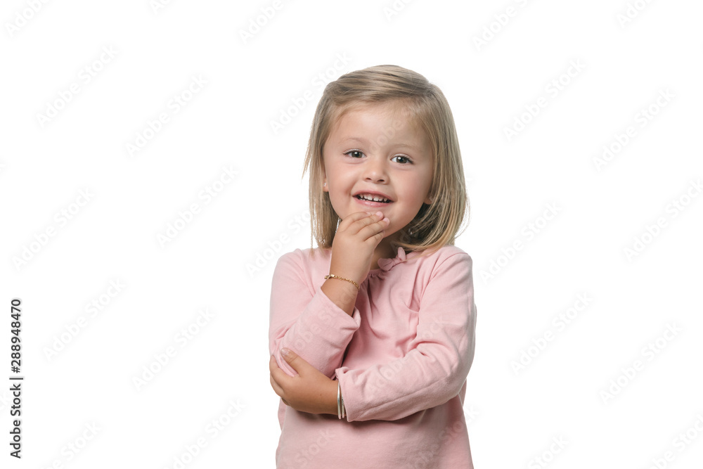 Adorable blonde little girl on white background Adorable blonde little girl on white background