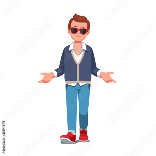 Smiling young man walking forward opening hands