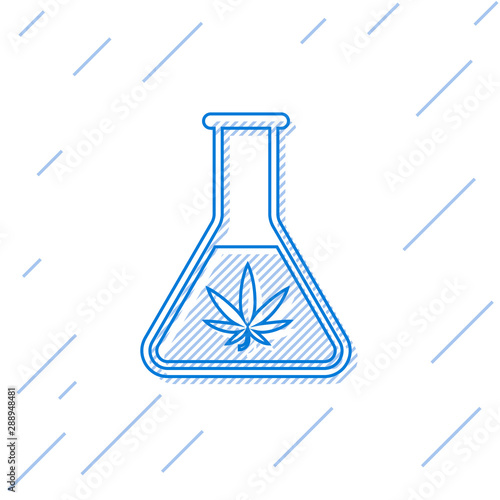 Blue line Chemical test tube with marijuana or cannabis leaf icon isolated on white background. Research concept. Laboratory CBD oil concept. Vector Illustration