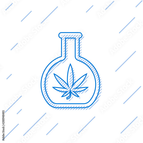 Blue line Chemical test tube with marijuana or cannabis leaf icon isolated on white background. Research concept. Laboratory CBD oil concept. Vector Illustration