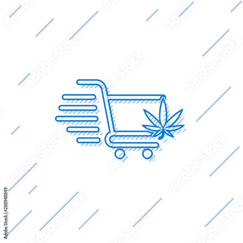 Blue line Shopping cart with marijuana or cannabis leaf icon isolated on white background. Online buying. Delivery service. Supermarket basket. Vector Illustration